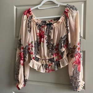 Rose chiffon long sleeve top with flower decor, elastic waist and sleeves, new